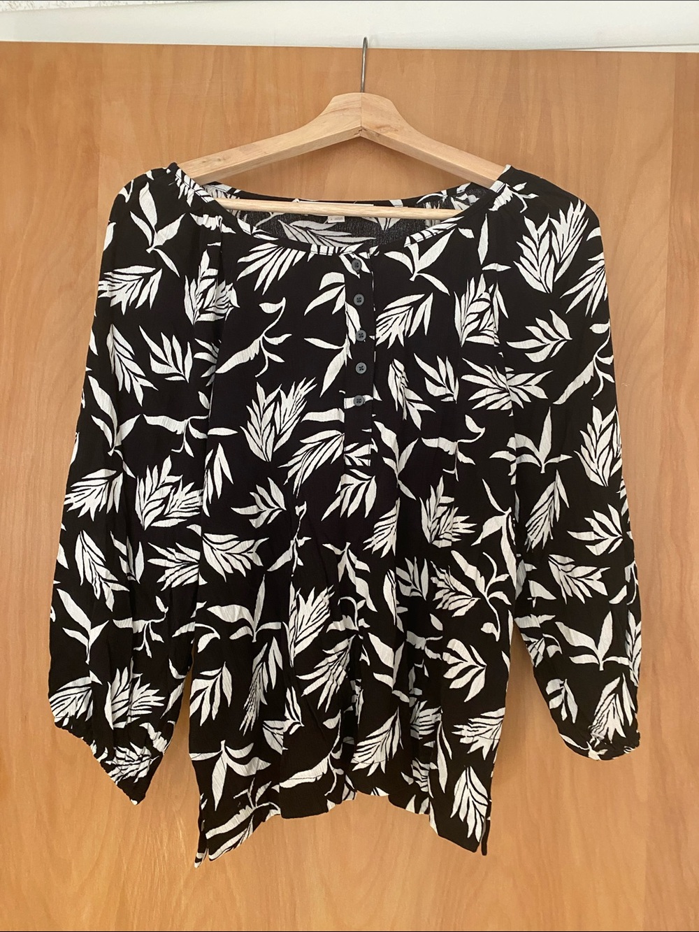 LOFT Black and White Leaf-Print Peasant Blouse